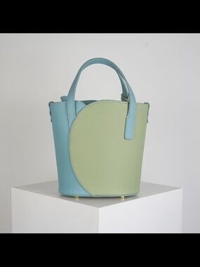 Two-Tone Pastel Bucket Leather Crossbody Bag — Blue & Light Green